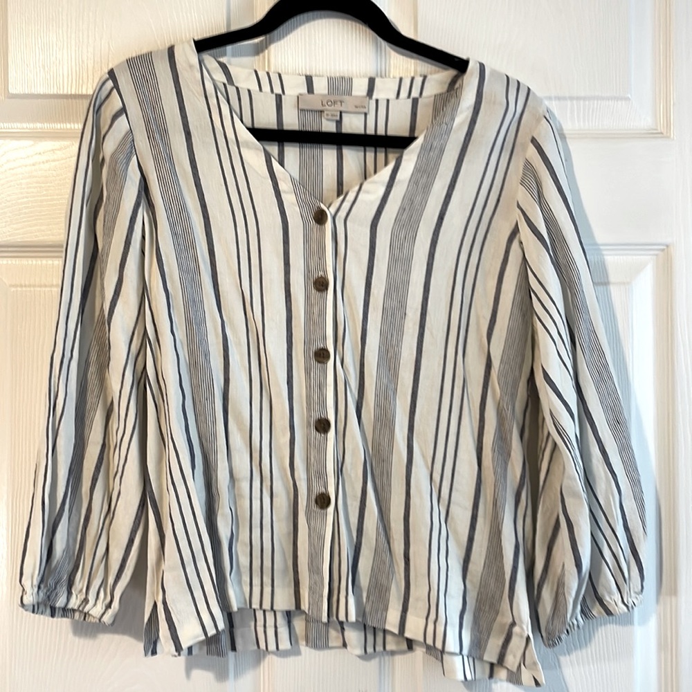 Loft White and Blue Stripe Linen Button Down Top - Small Petite